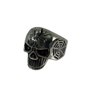 Mens Stainless Steel Skull Ring Spiderwebs Goth Biker Trucker Bones Size 10